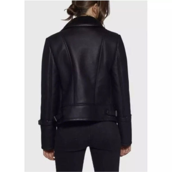 Avec Les Filles $198 Black Faux Leather Moto Shearling Jacket New - Picture 4 of 8